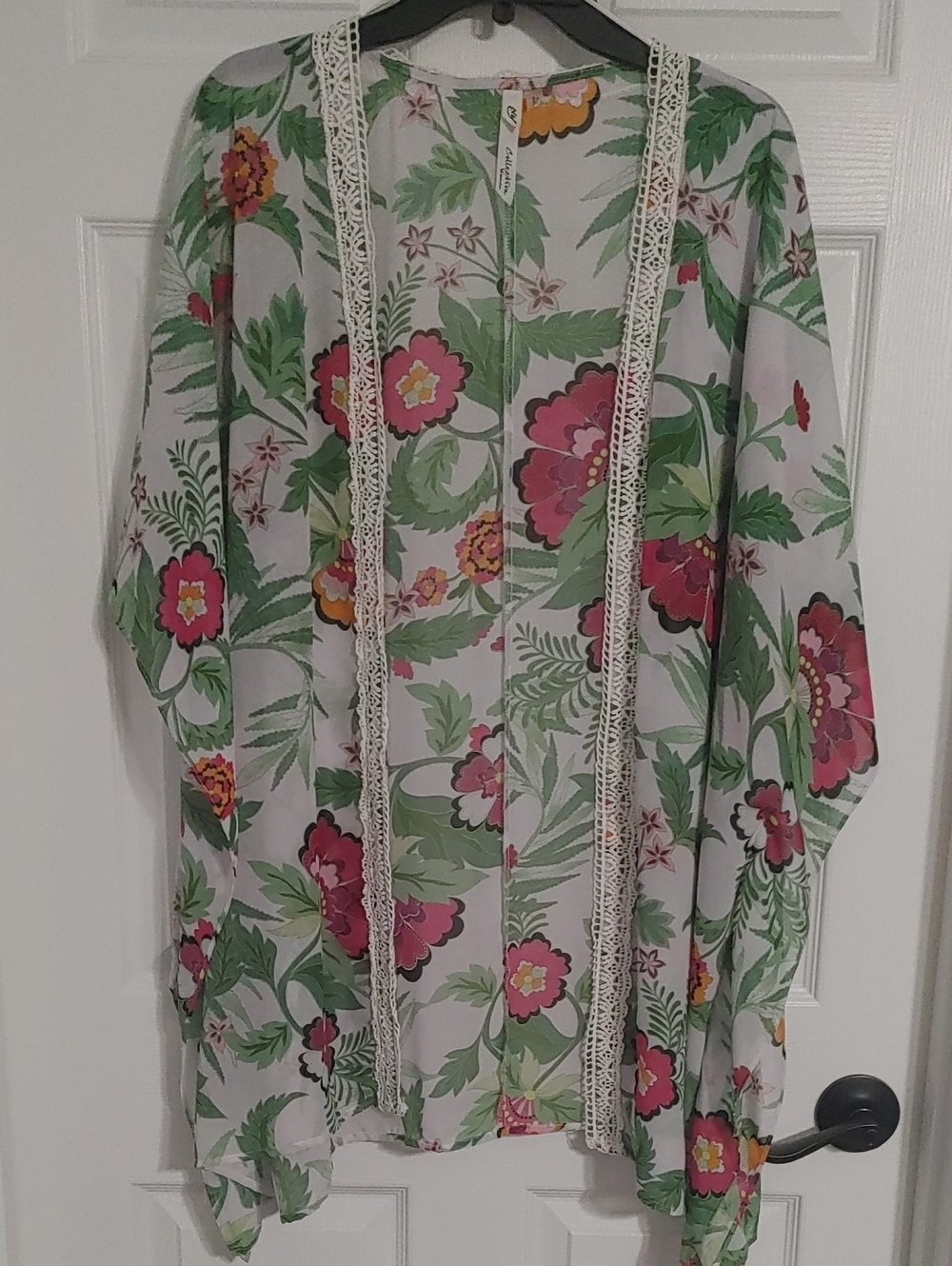 NY Collection Floral Green & Pink Kimono Cover-Up Women's Size 2X